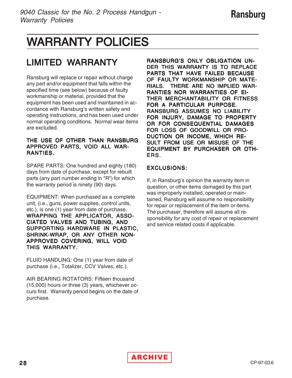 Warranty policies, Limited w | Ransburg 9040 Classic Power Supply _NO2 Gun 76657-14, -142 User Manual | Page 32 / 40