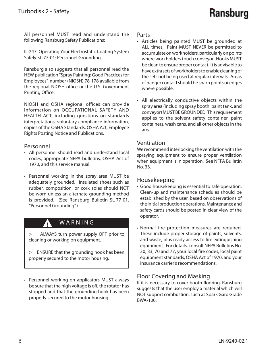 Turbodisk 2 - safety, Personnel, Parts | Ventilation, Housekeeping, Floor covering and masking | Ransburg Turbodisk 2 Assembly 78715 User Manual | Page 10 / 82