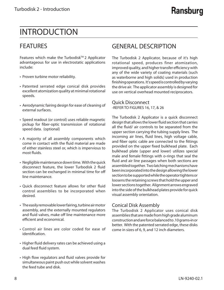 Introduction, Features, General description | Ransburg Turbodisk 2 Assembly 78715 User Manual | Page 12 / 82