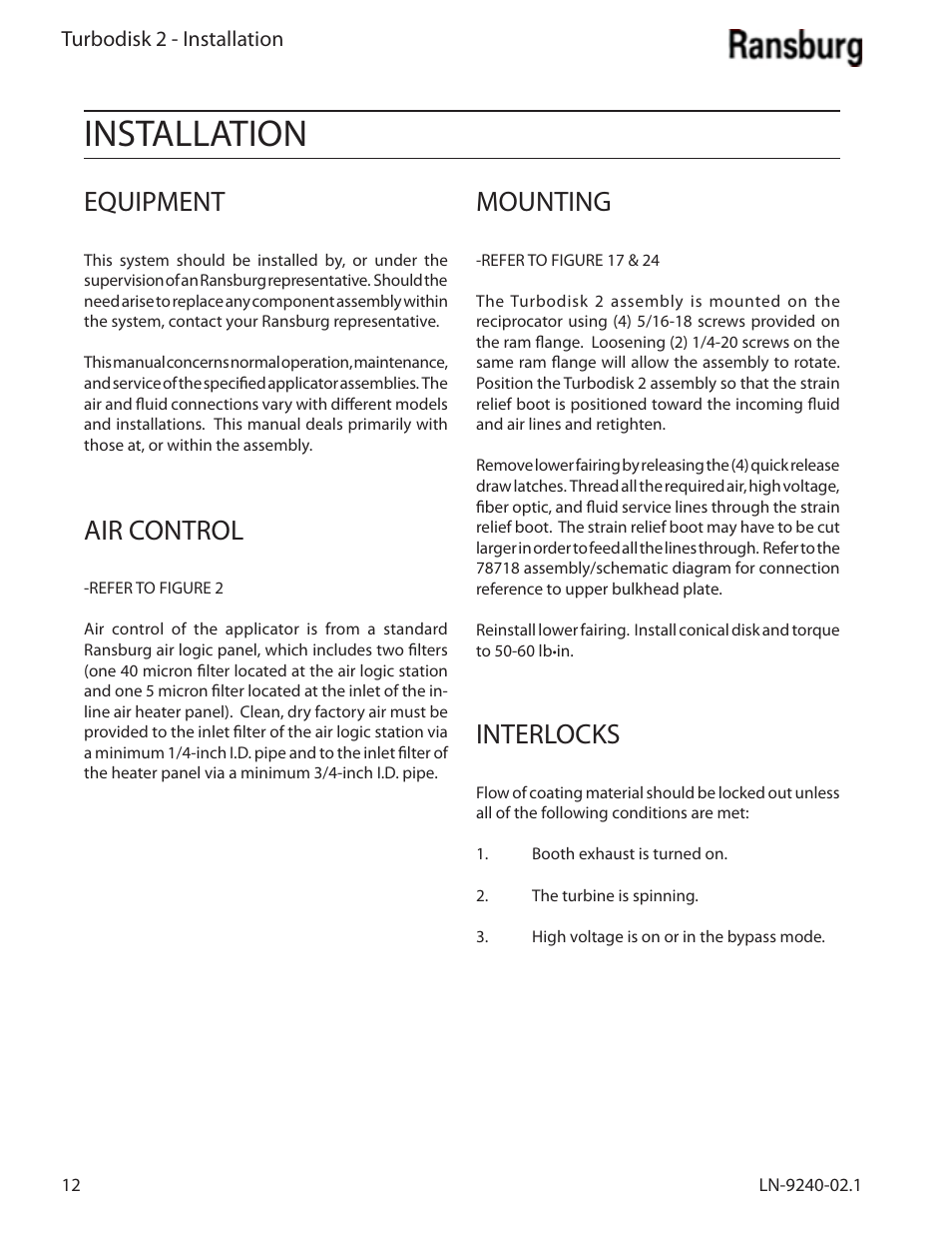 Installation, Equipment, Air control | Mounting, Interlocks | Ransburg Turbodisk 2 Assembly 78715 User Manual | Page 16 / 82