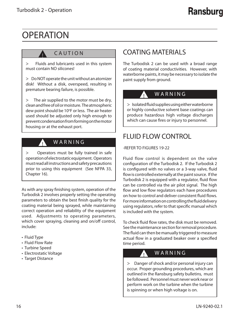Operation, Coating materials, Fluid flow control | Ransburg Turbodisk 2 Assembly 78715 User Manual | Page 20 / 82