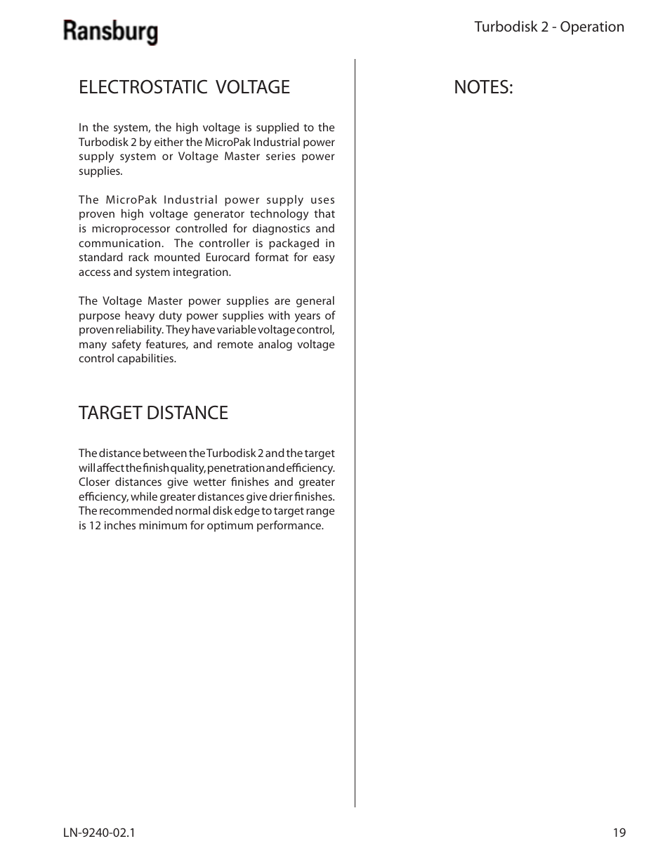 Electrostatic voltage, Target distance | Ransburg Turbodisk 2 Assembly 78715 User Manual | Page 23 / 82