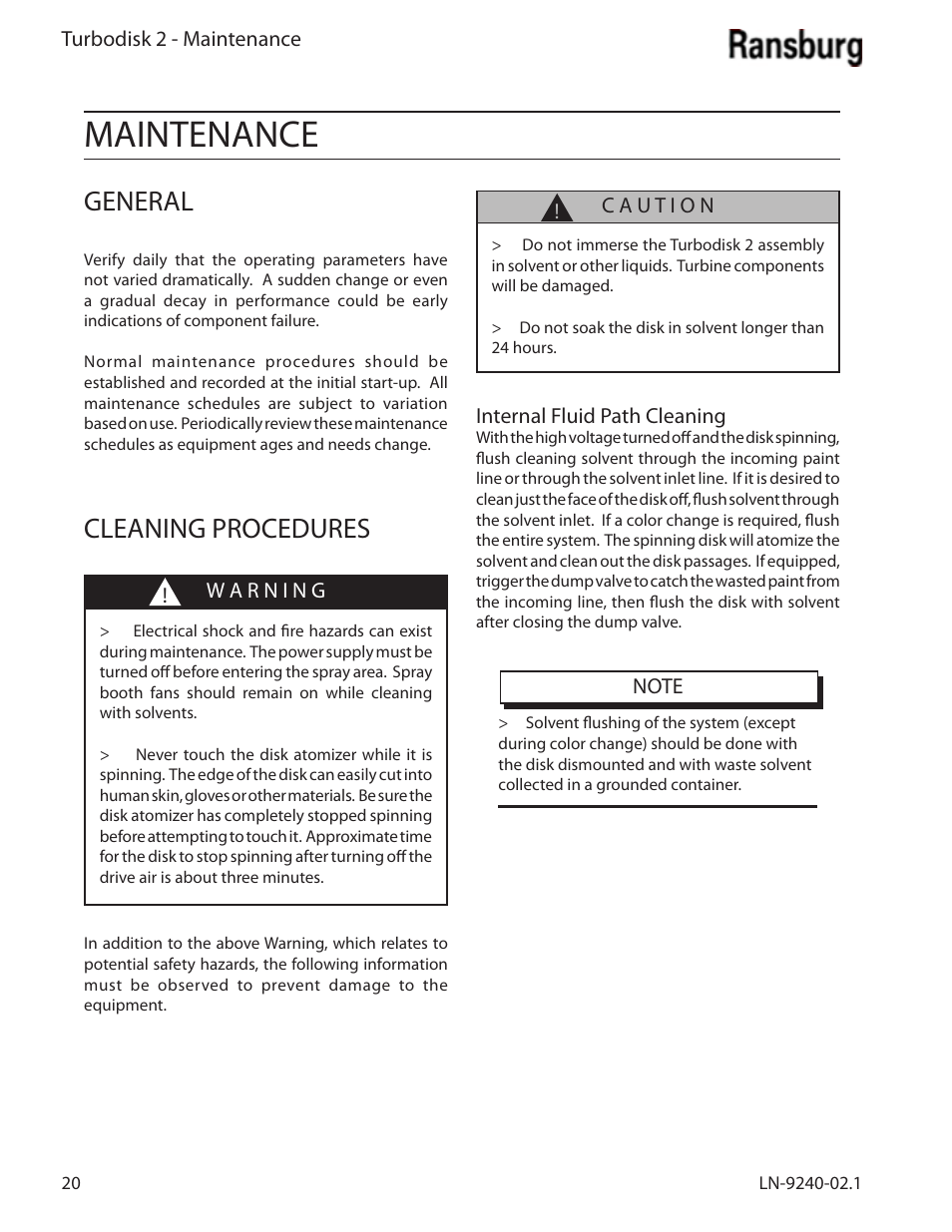 Maintenance, General, Cleaning procedures | Ransburg Turbodisk 2 Assembly 78715 User Manual | Page 24 / 82