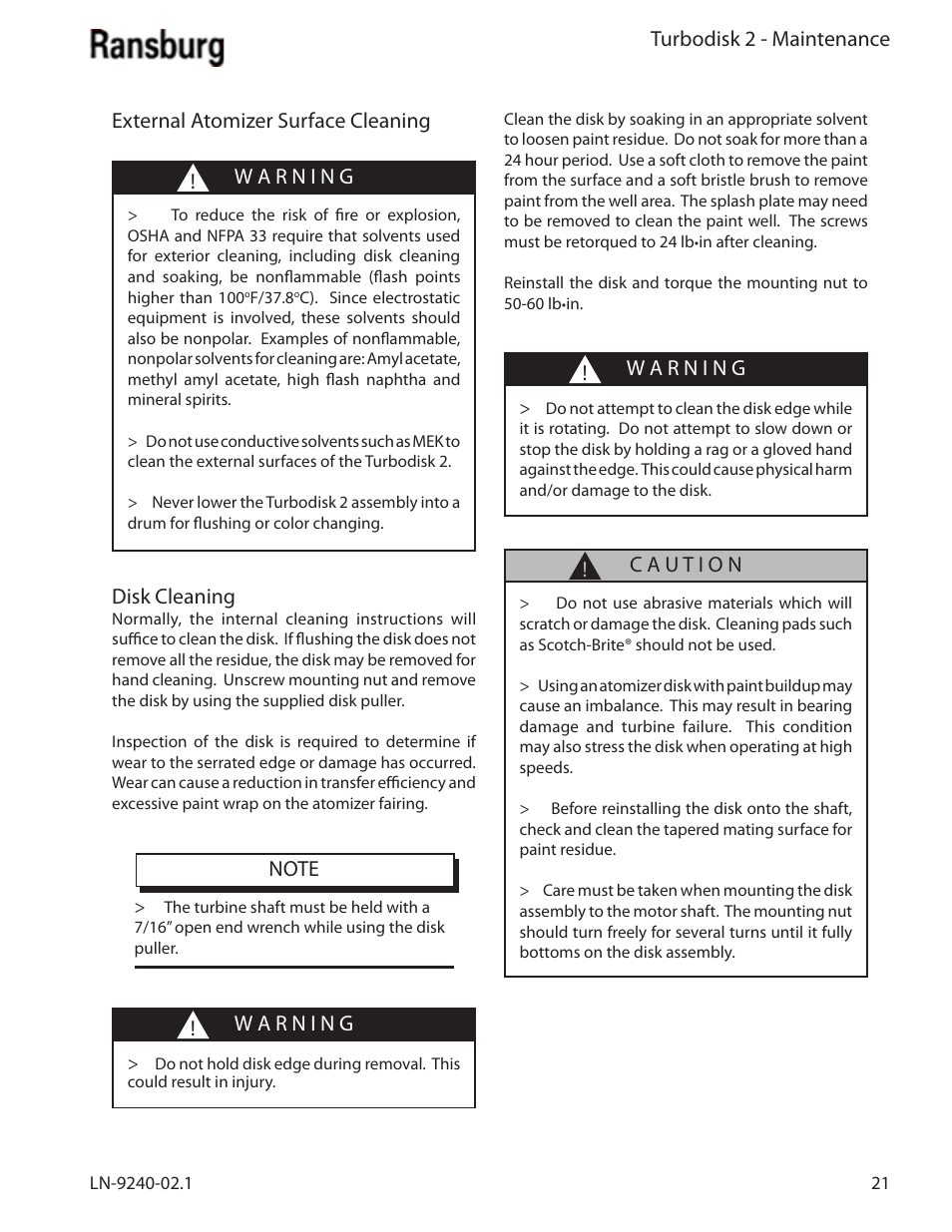 Turbodisk 2 - maintenance, Disk cleaning | Ransburg Turbodisk 2 Assembly 78715 User Manual | Page 25 / 82
