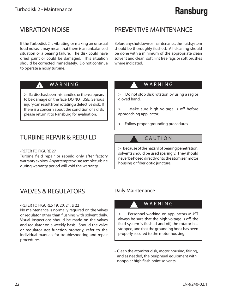 Vibration noise, Turbine repair & rebuild, Valves & regulators | Preventive maintenance | Ransburg Turbodisk 2 Assembly 78715 User Manual | Page 26 / 82