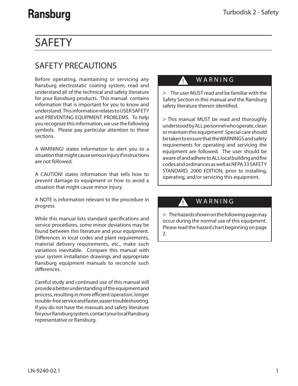Safety, Safety precautions | Ransburg Turbodisk 2 Assembly 78715 User Manual | Page 5 / 82
