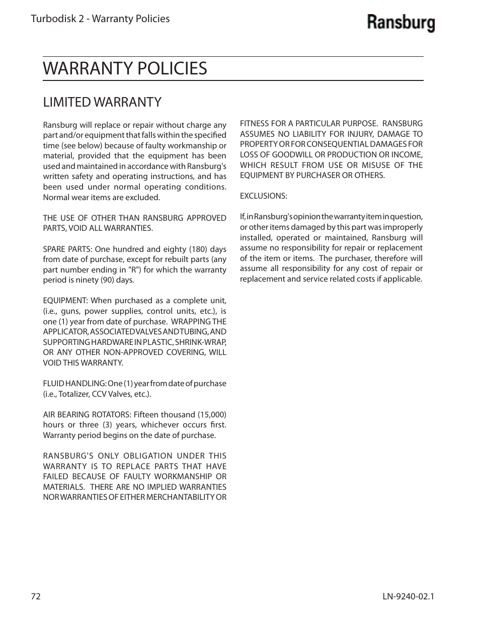 Warranty policies, Limited warranty | Ransburg Turbodisk 2 Assembly 78715 User Manual | Page 76 / 82