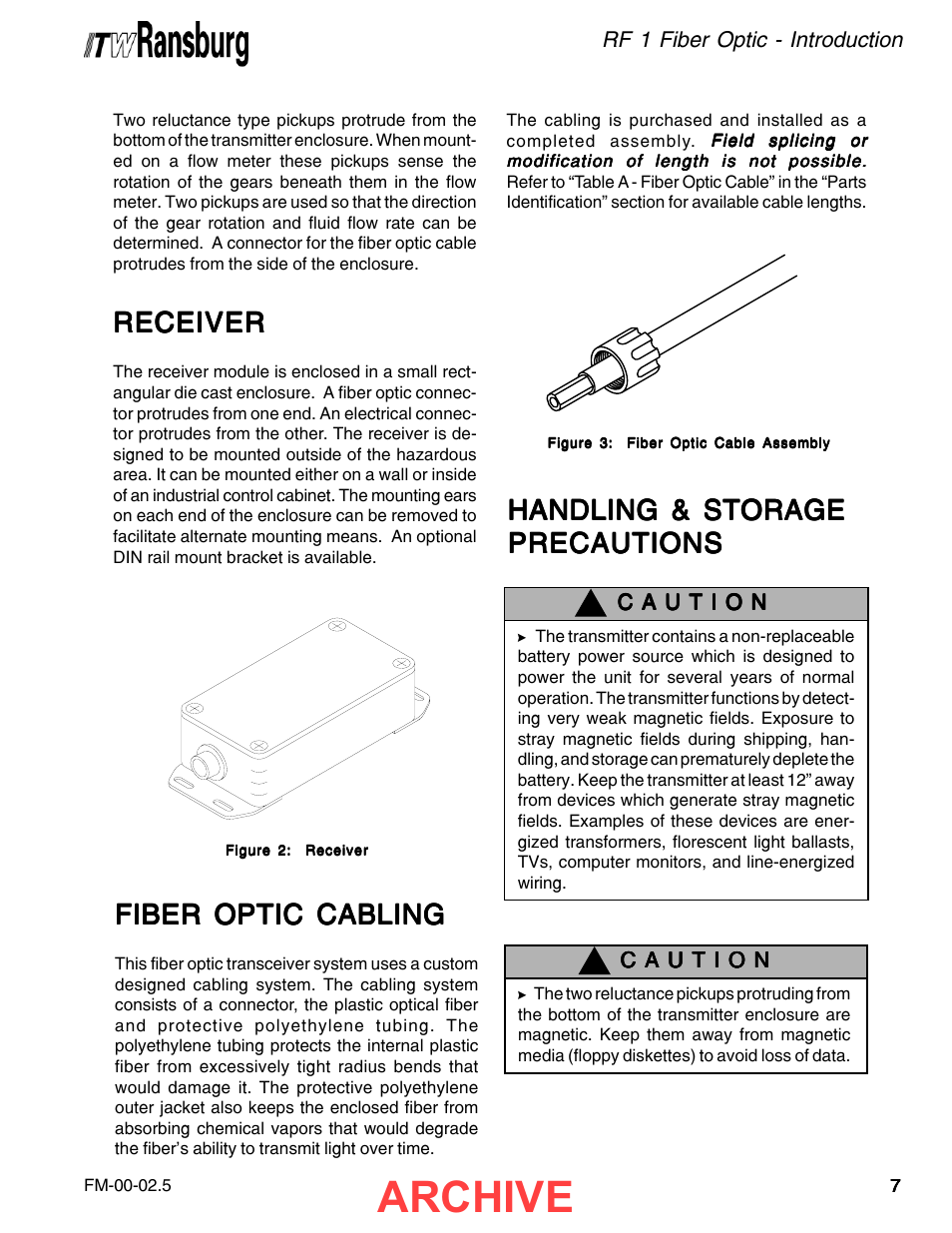 Archive, Fiber optic cabling, Handling & storage | Receiver | Ransburg RF1 FiberOptic Meter 77786-XX, A11516-XX User Manual | Page 11 / 40