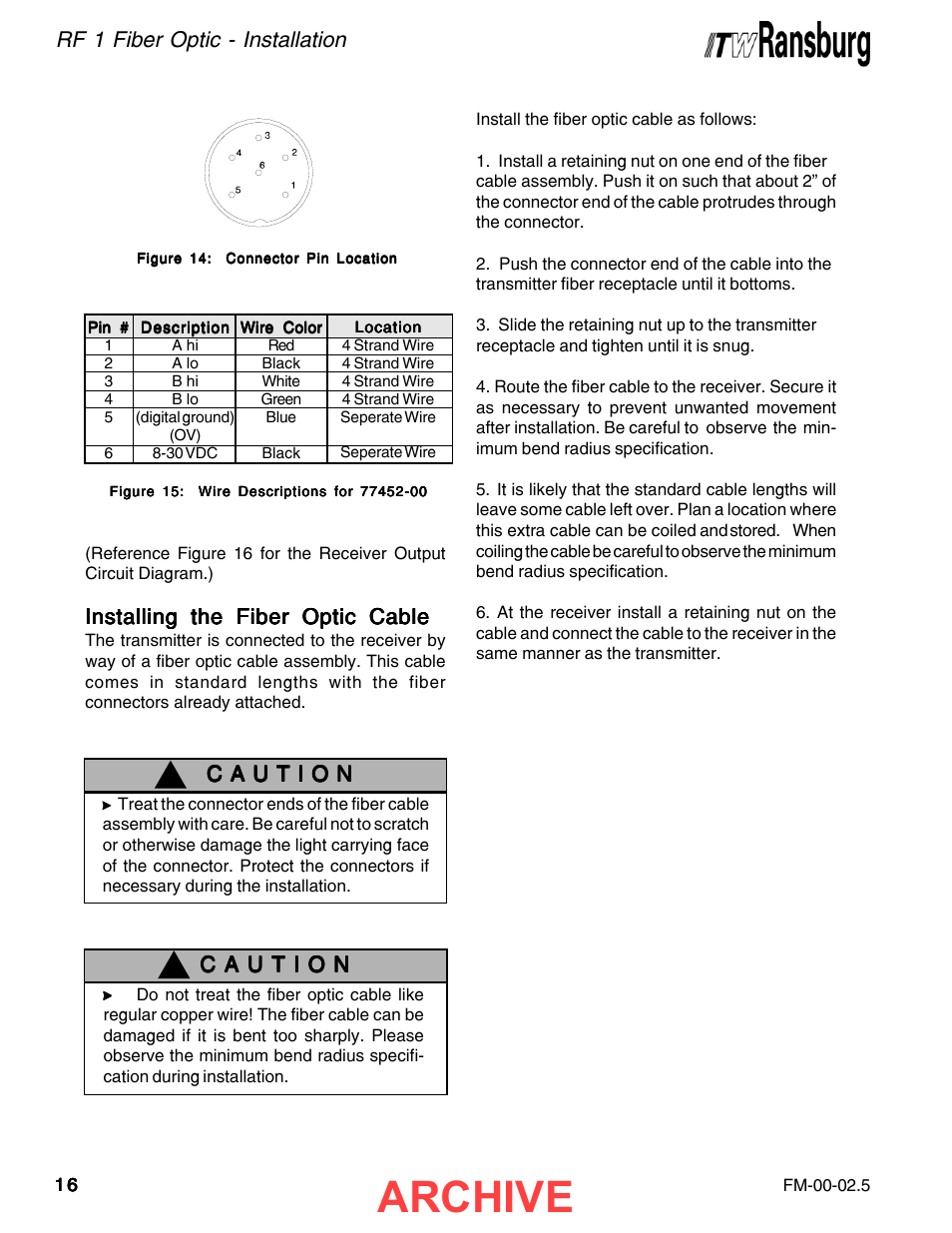 Archive, Rf 1 fiber optic - installation, Installing the fiber optic cable | Ransburg RF1 FiberOptic Meter 77786-XX, A11516-XX User Manual | Page 20 / 40