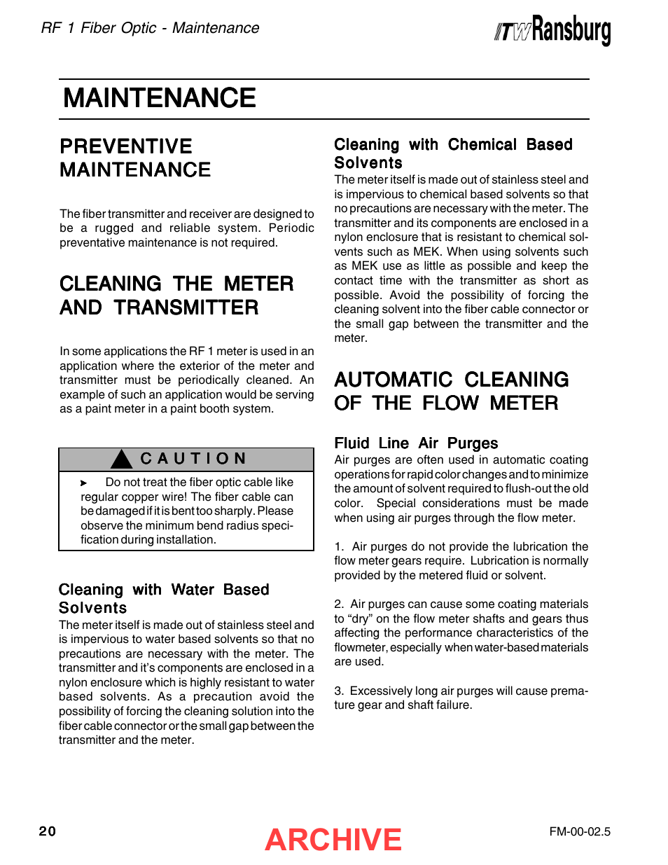 Maintenance, Archive, Preventive | Cleaning the meter | Ransburg RF1 FiberOptic Meter 77786-XX, A11516-XX User Manual | Page 24 / 40