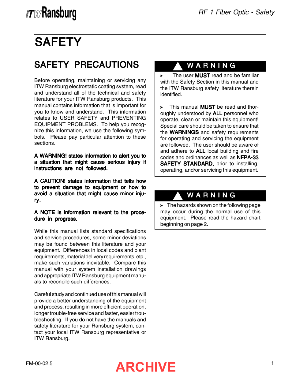 Safety, Archive, Safety precautions | Ransburg RF1 FiberOptic Meter 77786-XX, A11516-XX User Manual | Page 5 / 40