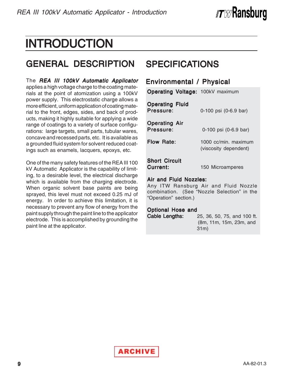 Introduction, General description, Specifica | Specifica specifications tions tions tions tions | Ransburg REA III Auto Applicator 70393 User Manual | Page 12 / 50