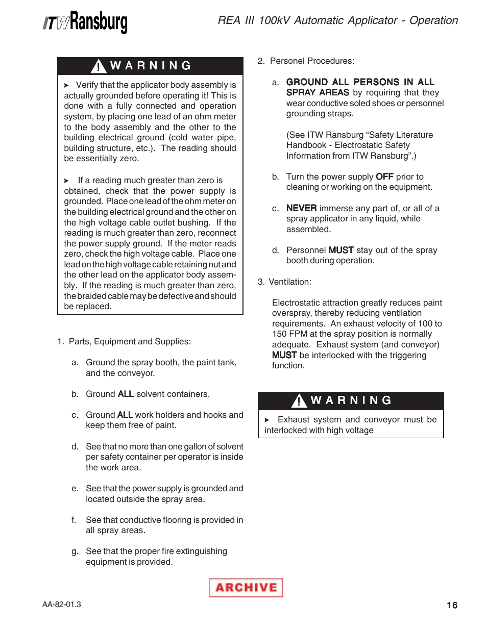 Rea iii 100kv automatic applicator - operation | Ransburg REA III Auto Applicator 70393 User Manual | Page 19 / 50