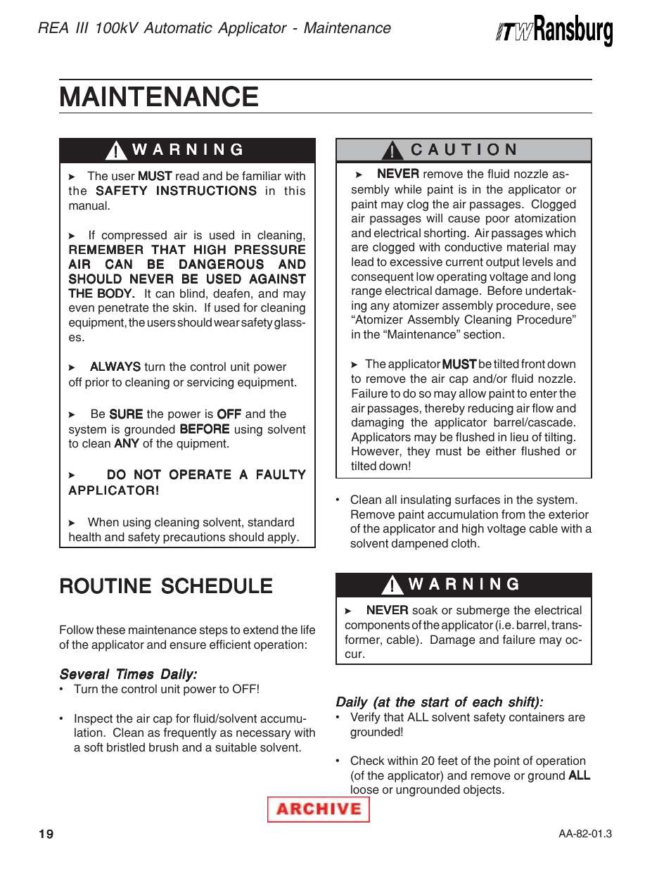 Maintenance, Routine schedule | Ransburg REA III Auto Applicator 70393 User Manual | Page 22 / 50