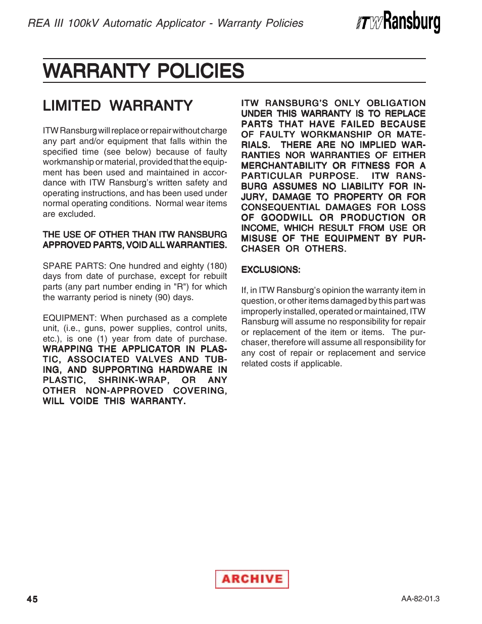 Warranty policies, Limited w | Ransburg REA III Auto Applicator 70393 User Manual | Page 48 / 50