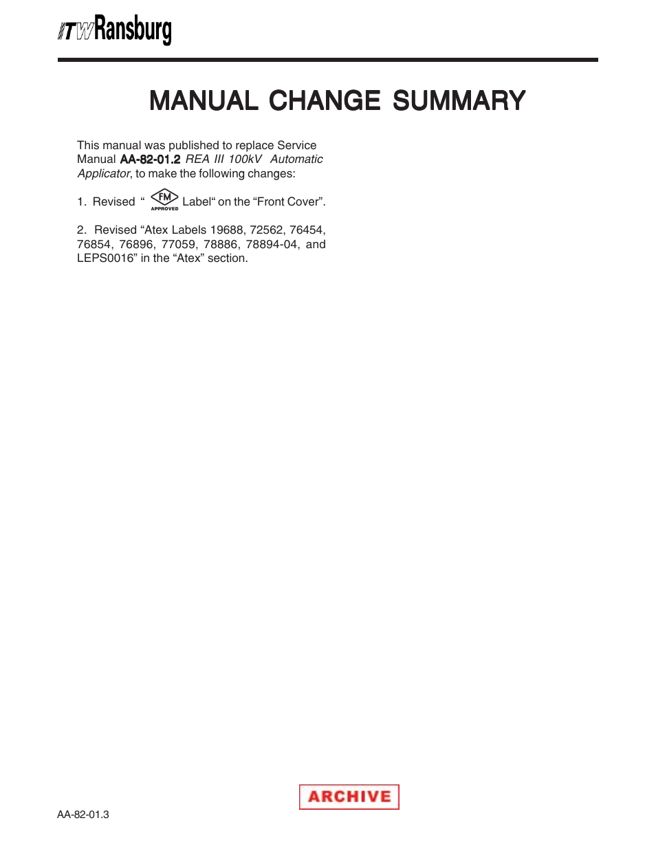 Manual change summary, Manual | Ransburg REA III Auto Applicator 70393 User Manual | Page 49 / 50