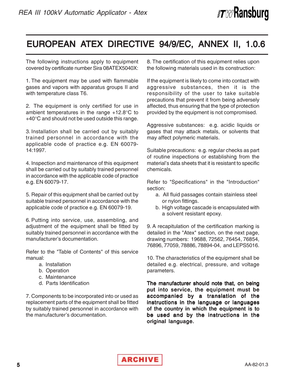 Atex, European a, Rea iii 100kv automatic applicator - atex | Ransburg REA III Auto Applicator 70393 User Manual | Page 8 / 50