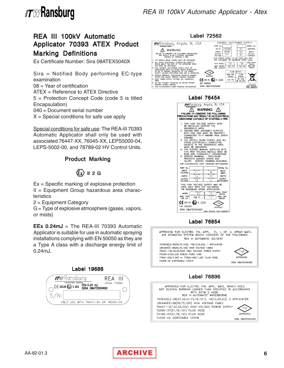 Rea iii 100kv automatic applicator - atex | Ransburg REA III Auto Applicator 70393 User Manual | Page 9 / 50
