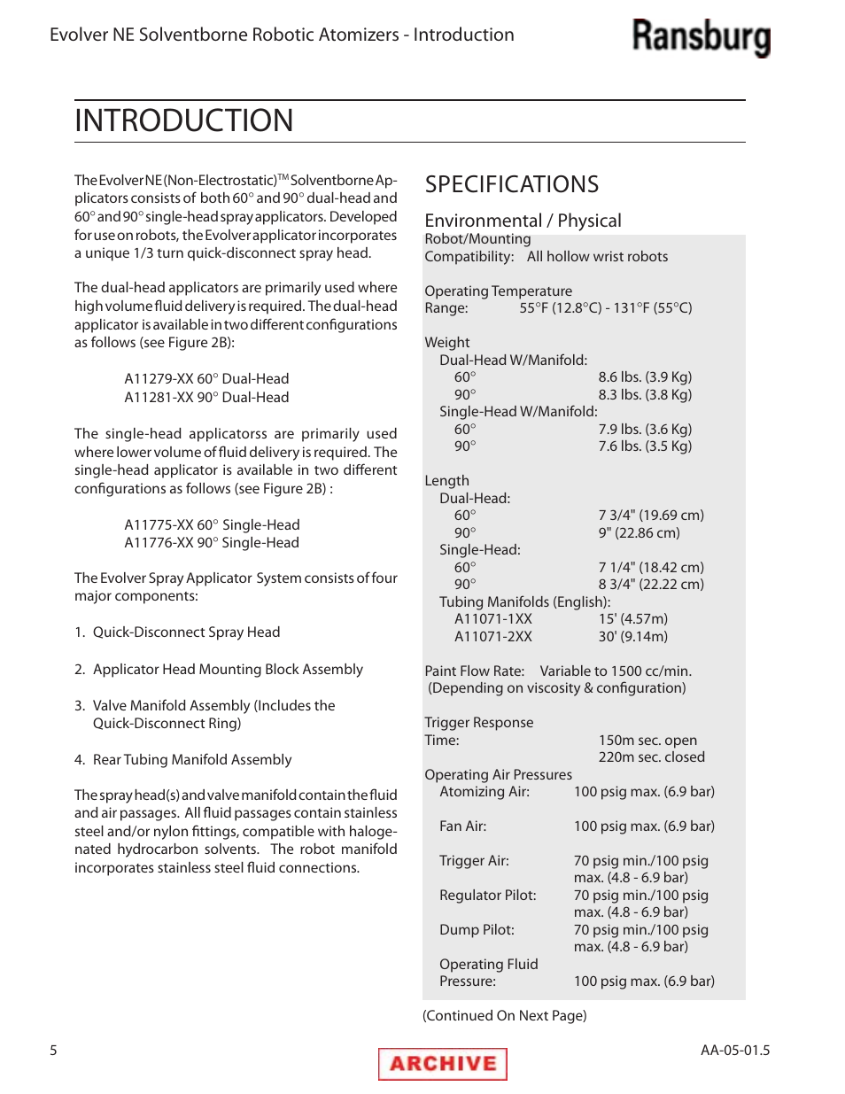 Introduction, Specifications | Ransburg Evolver NE A11279-XX, A11281-XX, A11775-XX, A11776-XX User Manual | Page 10 / 70