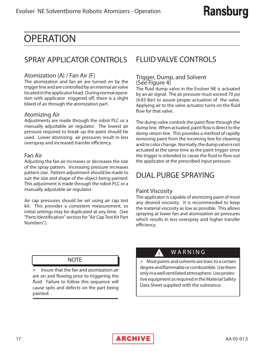 Operation, Spray applicator controls, Fluid valve controls | Dual purge spraying | Ransburg Evolver NE A11279-XX, A11281-XX, A11775-XX, A11776-XX User Manual | Page 22 / 70