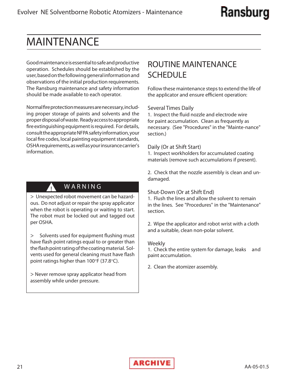 Maintenance, Routine maintenance schedule | Ransburg Evolver NE A11279-XX, A11281-XX, A11775-XX, A11776-XX User Manual | Page 26 / 70