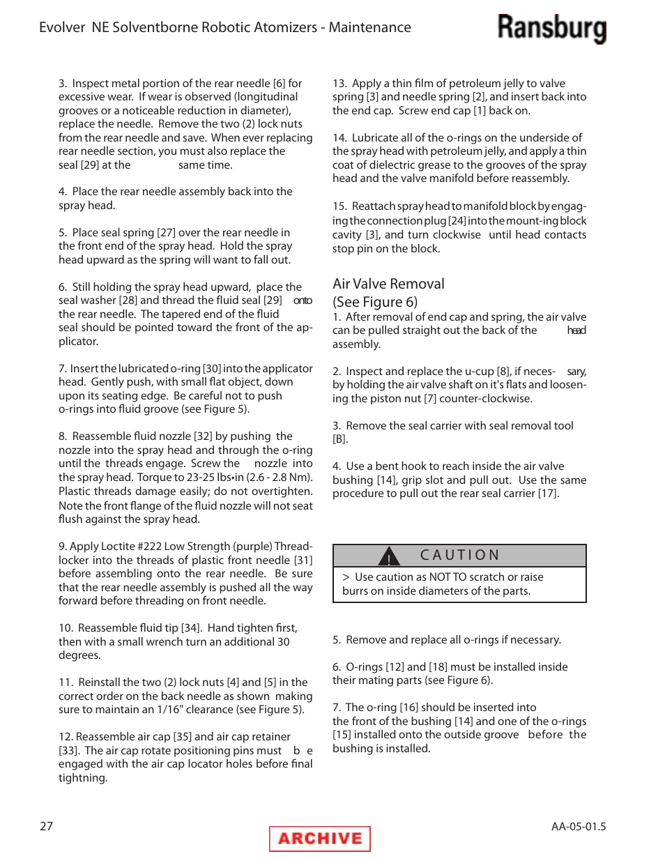 Air valve removal (see figure 6) | Ransburg Evolver NE A11279-XX, A11281-XX, A11775-XX, A11776-XX User Manual | Page 32 / 70