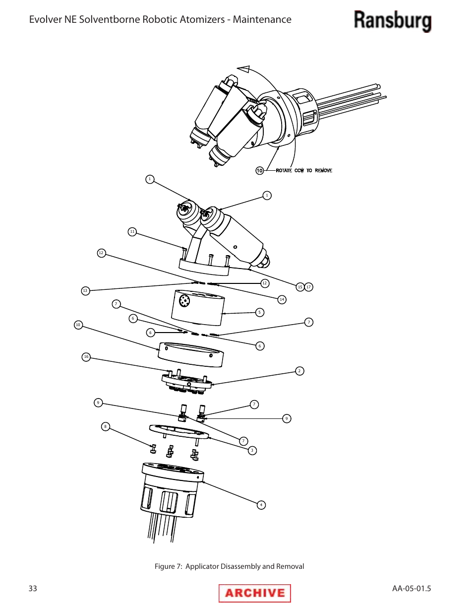 Figure 7: applicator disassembly and removal | Ransburg Evolver NE A11279-XX, A11281-XX, A11775-XX, A11776-XX User Manual | Page 38 / 70