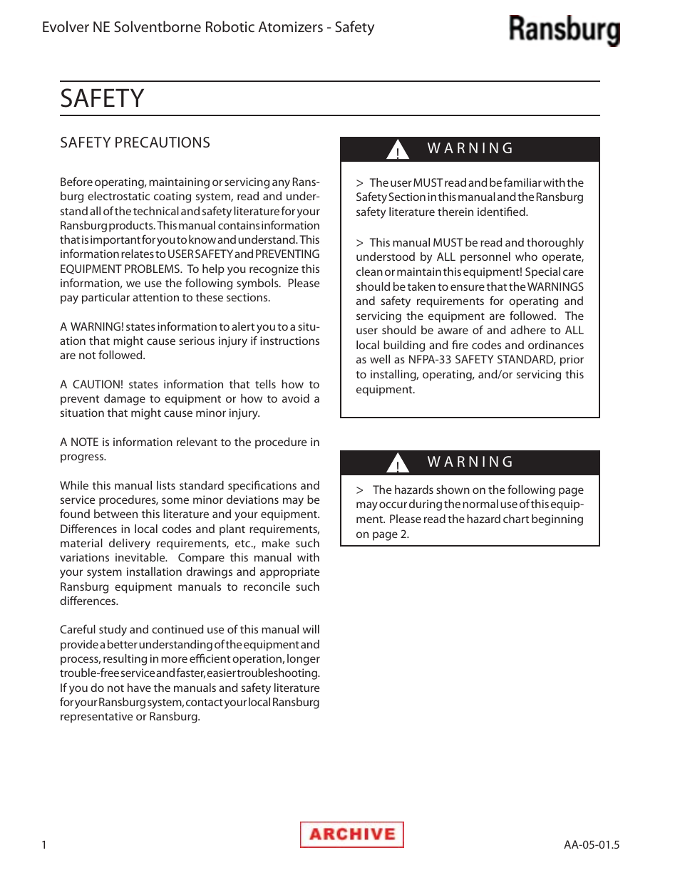 Safety | Ransburg Evolver NE A11279-XX, A11281-XX, A11775-XX, A11776-XX User Manual | Page 6 / 70