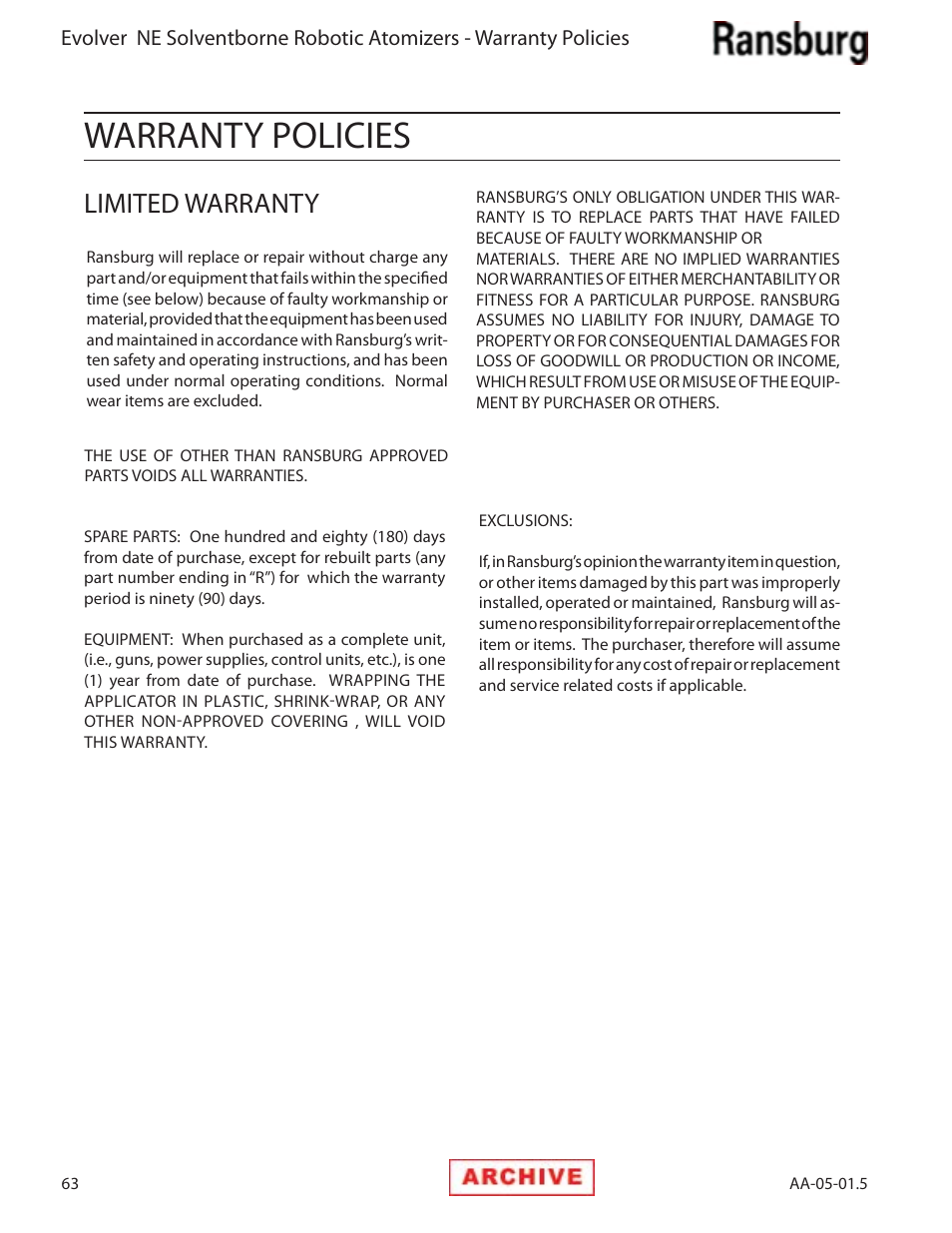 Warranty policies, Limited warranty | Ransburg Evolver NE A11279-XX, A11281-XX, A11775-XX, A11776-XX User Manual | Page 68 / 70