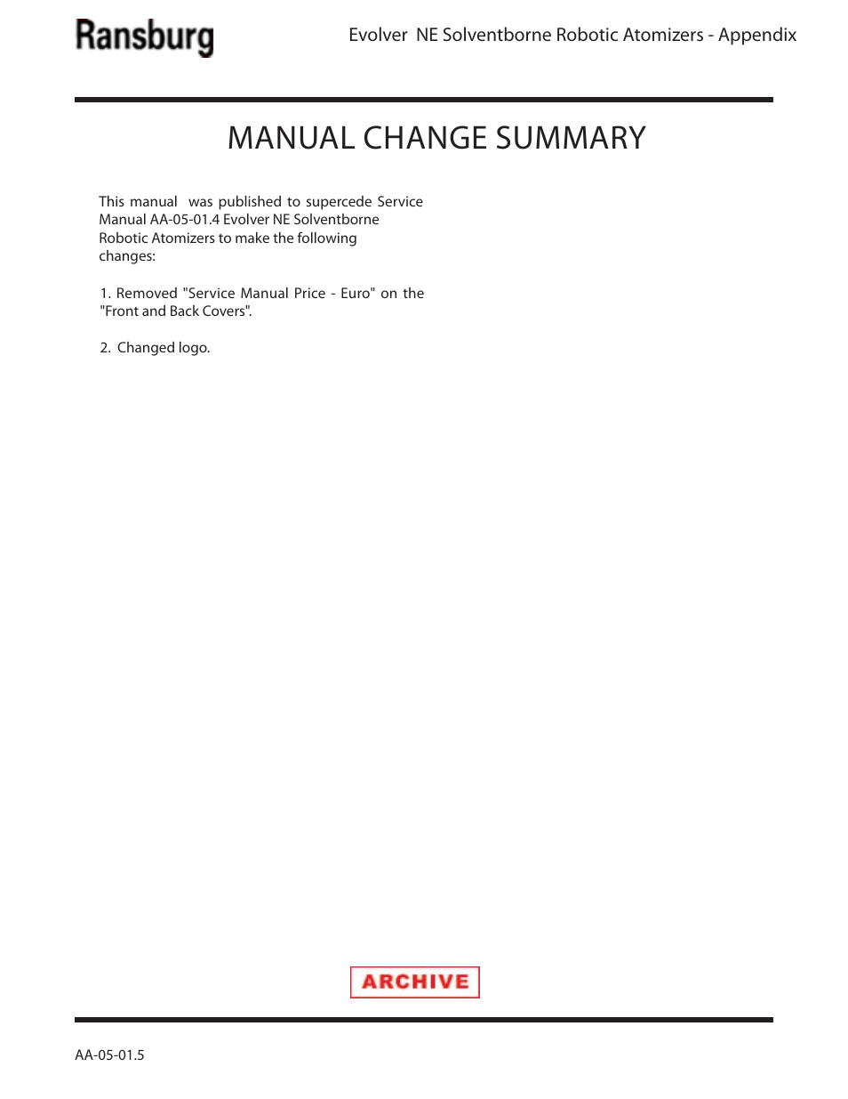 Manual change summary | Ransburg Evolver NE A11279-XX, A11281-XX, A11775-XX, A11776-XX User Manual | Page 69 / 70