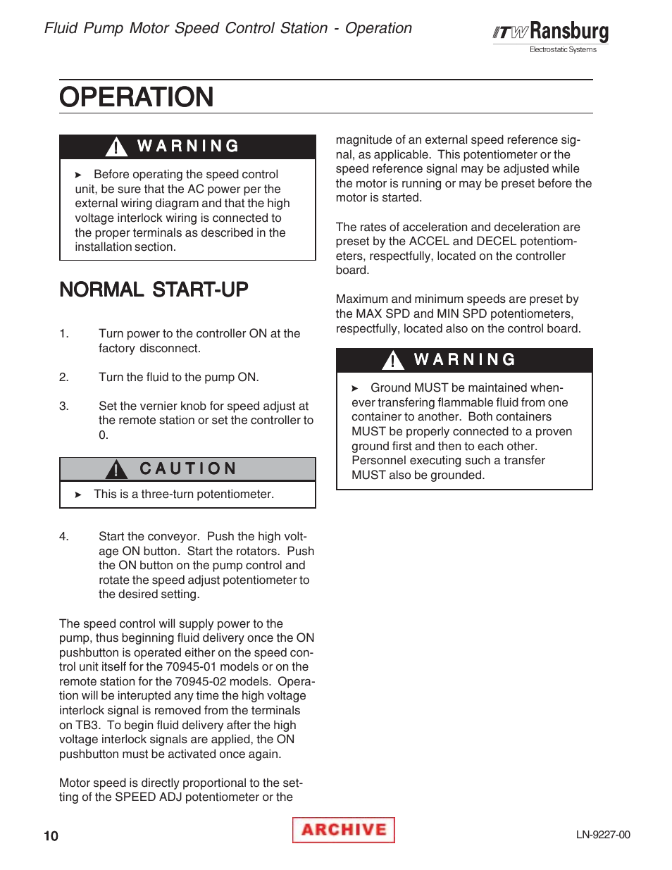 Opera, Opera operation tion tion tion tion, Normal | Ransburg RCS-100FP Fluid Pump Kit 70945 User Manual | Page 14 / 28