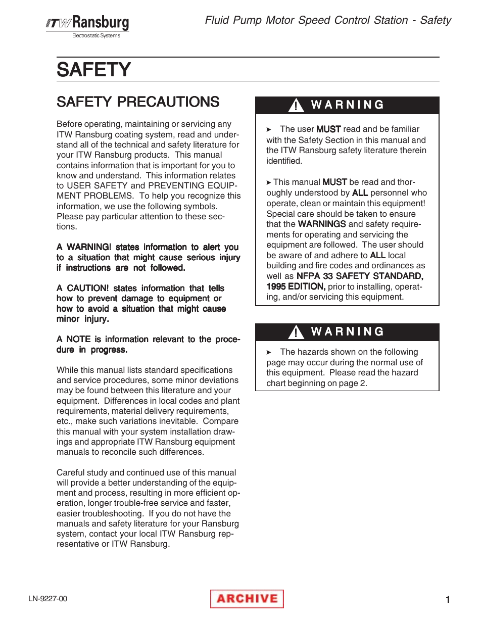 Safety, Safety precautions | Ransburg RCS-100FP Fluid Pump Kit 70945 User Manual | Page 5 / 28