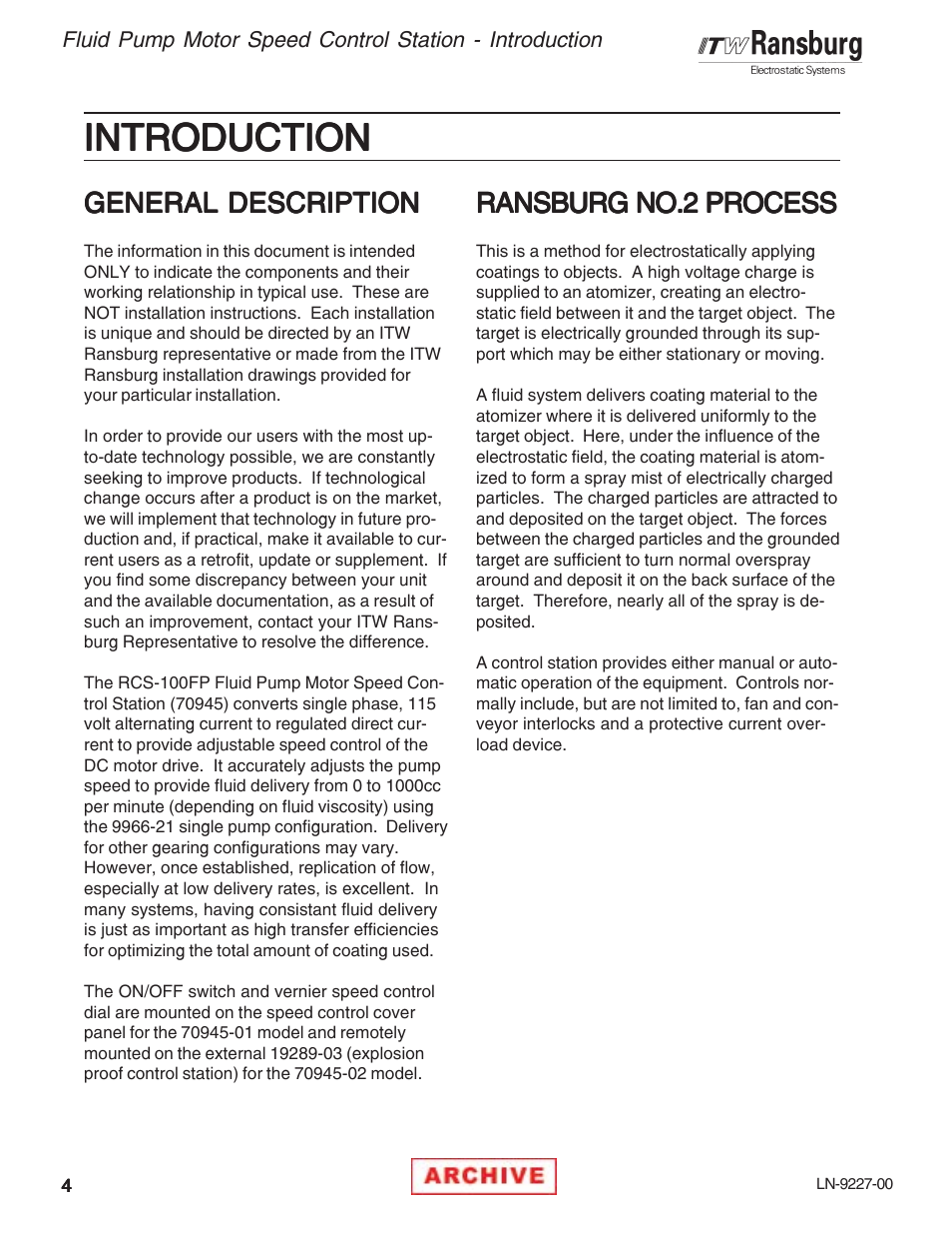 Introduction, General description, Ransburg no.2 process | Ransburg RCS-100FP Fluid Pump Kit 70945 User Manual | Page 8 / 28