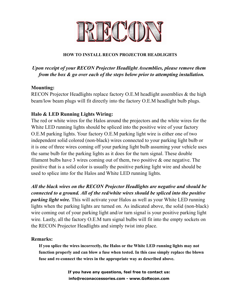 RECON Projector Headlights Universal User Manual | 1 page