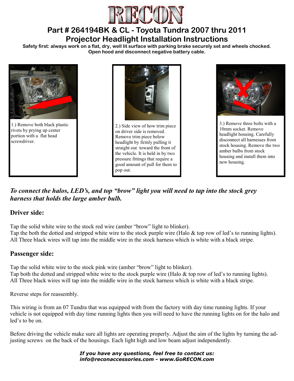 RECON Projector Headlight 264194BK & CL (Toyota Tundra 2007 thru 2011) User Manual | 1 page