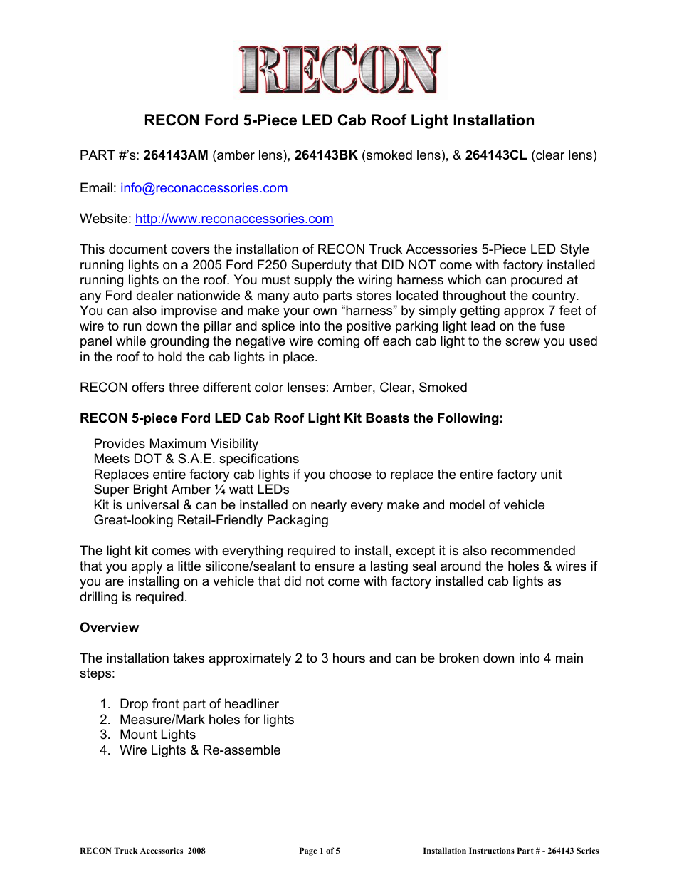 RECON 264143 Cab Lights (Ford F-Series) User Manual | 5 pages