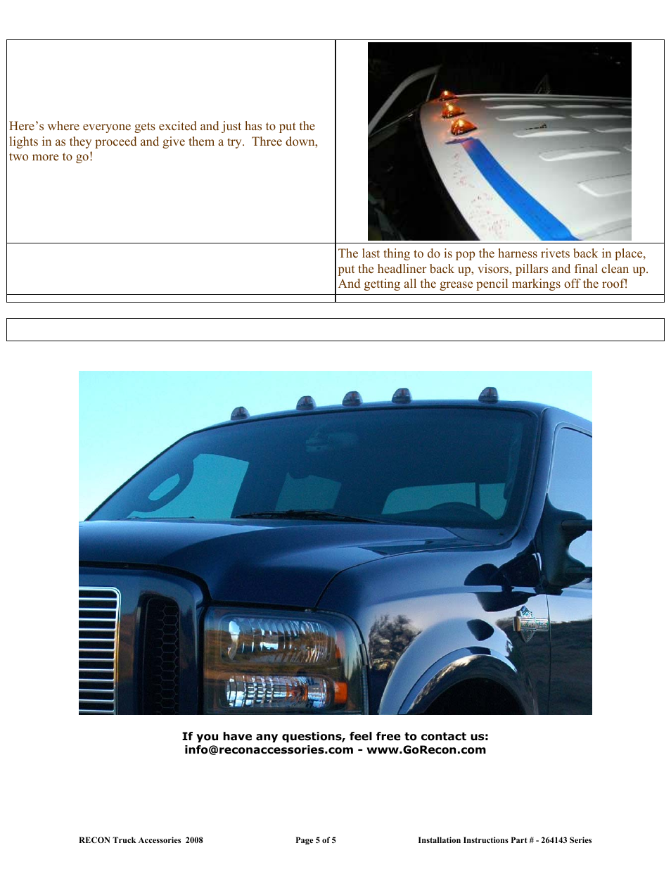 RECON 264143 Cab Lights (Ford F-Series) User Manual | Page 5 / 5