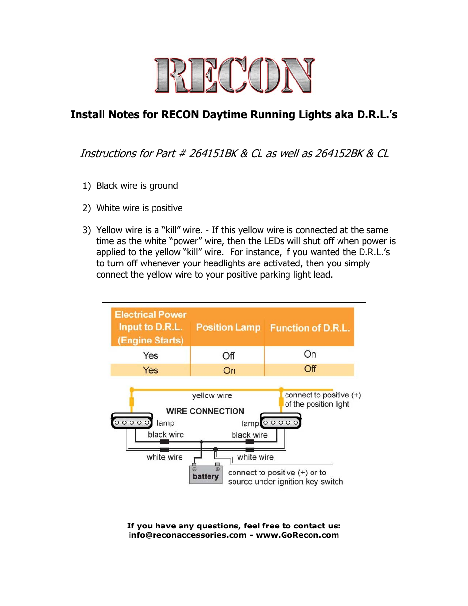 RECON LED Daytime Running Lights aka DRL User Manual | 1 page