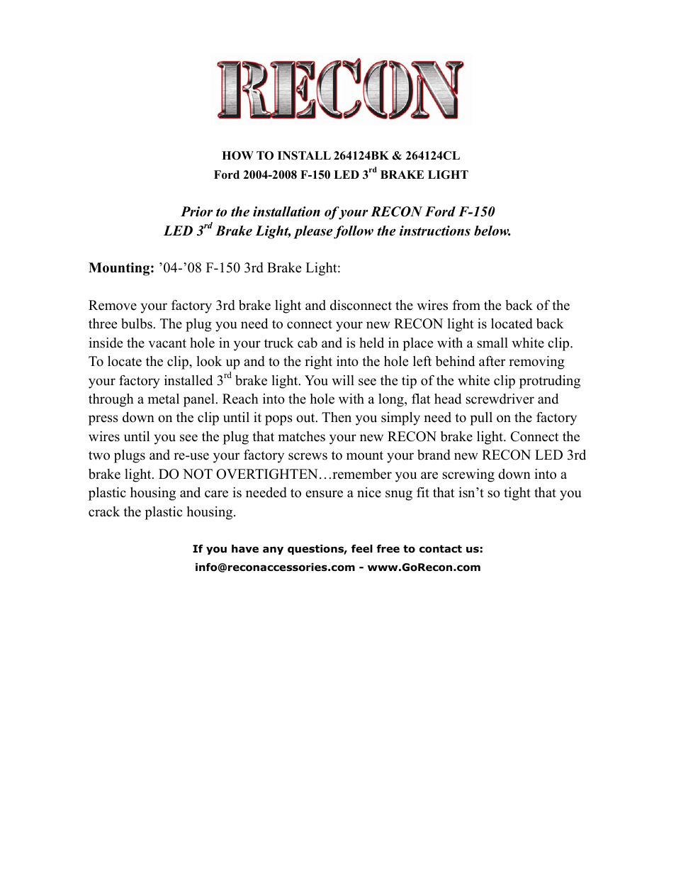 RECON 264124BK & CL LED 3rd Brake Light (Ford F-150 2004-2008) User Manual | 1 page