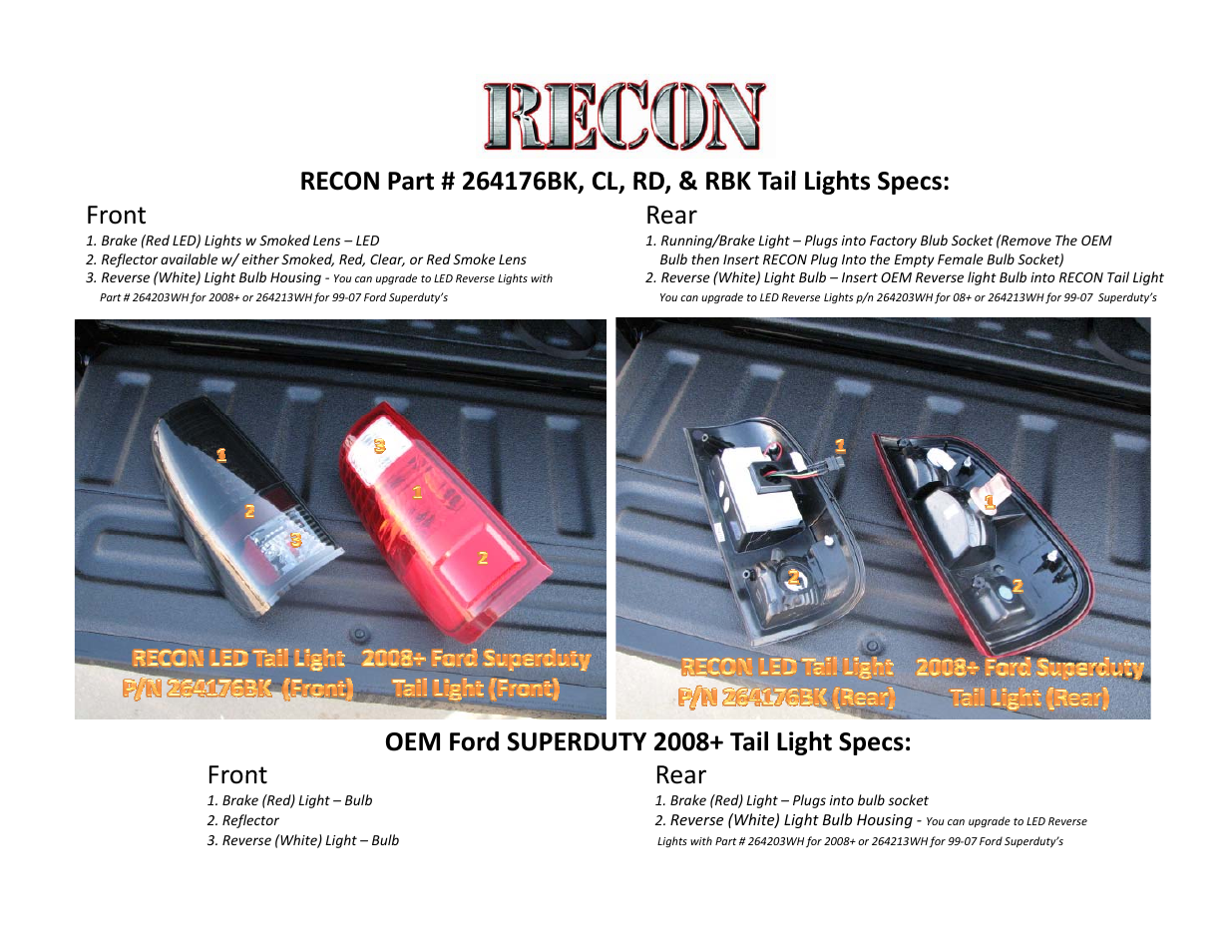 RECON LED Tail Lights (2008+ Ford Superduty) User Manual | 2 pages