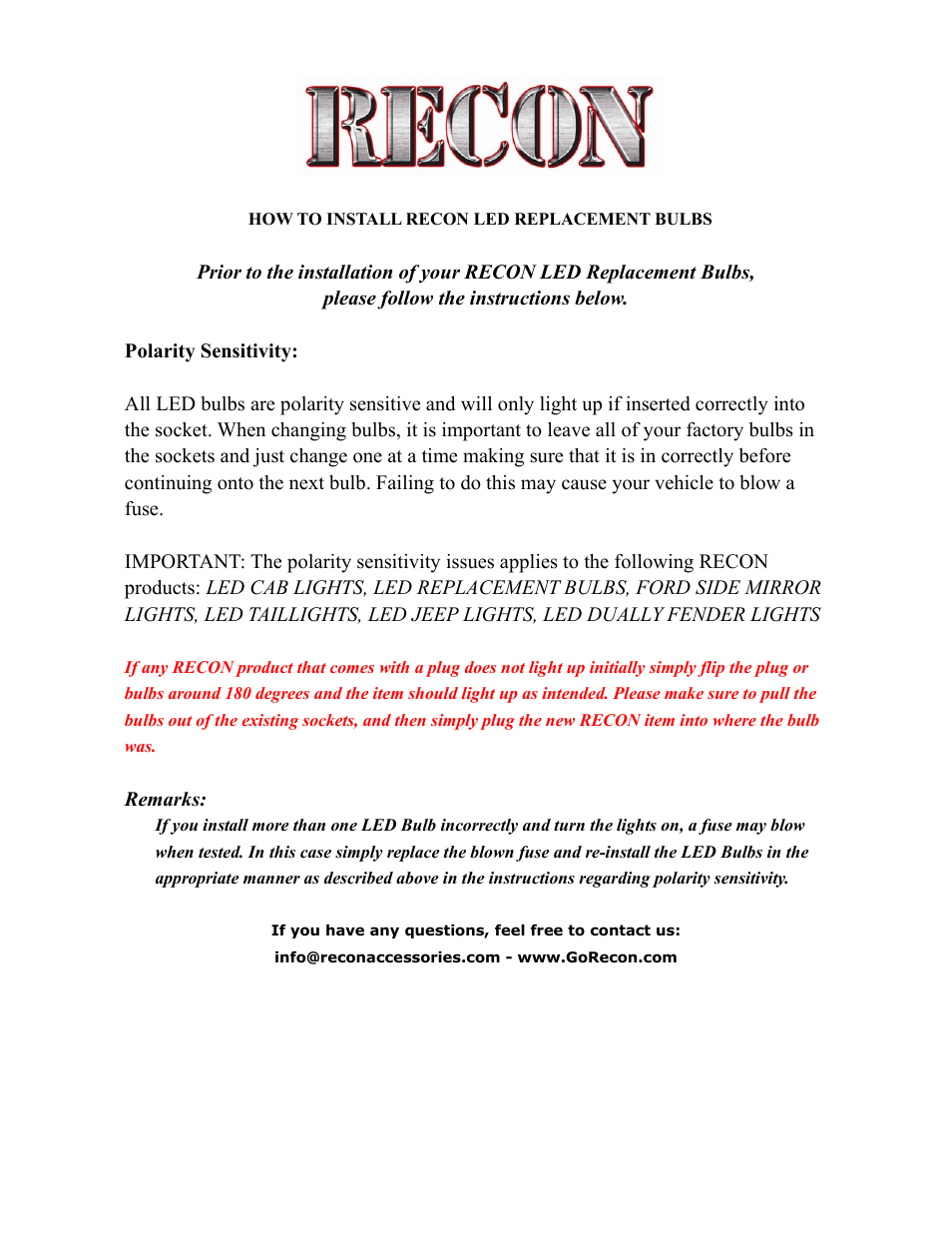 RECON LED Bulbs & Accessories User Manual | 1 page