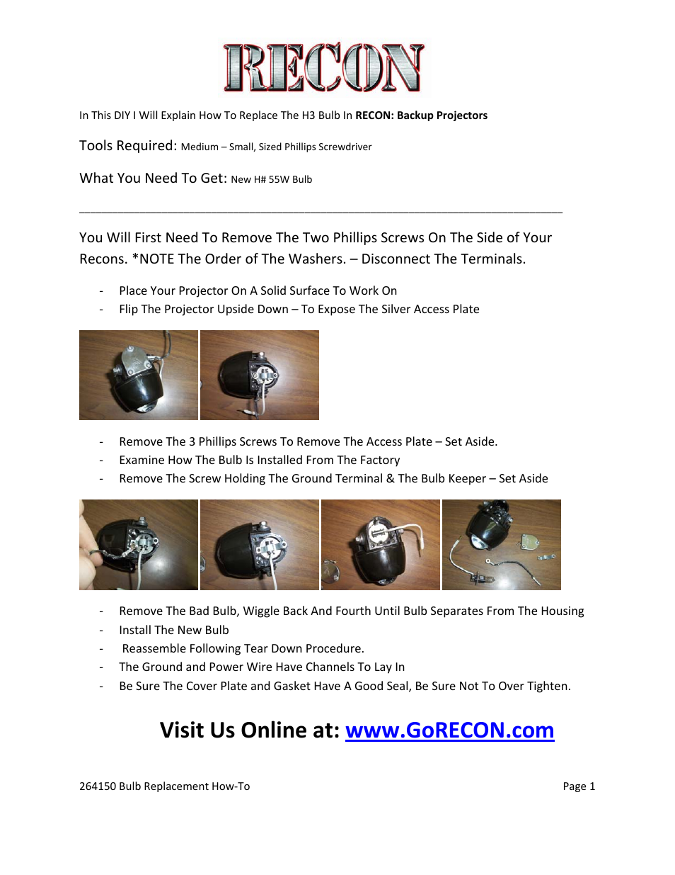 RECON 264150 - How To Replace H3 Bulb User Manual | 1 page