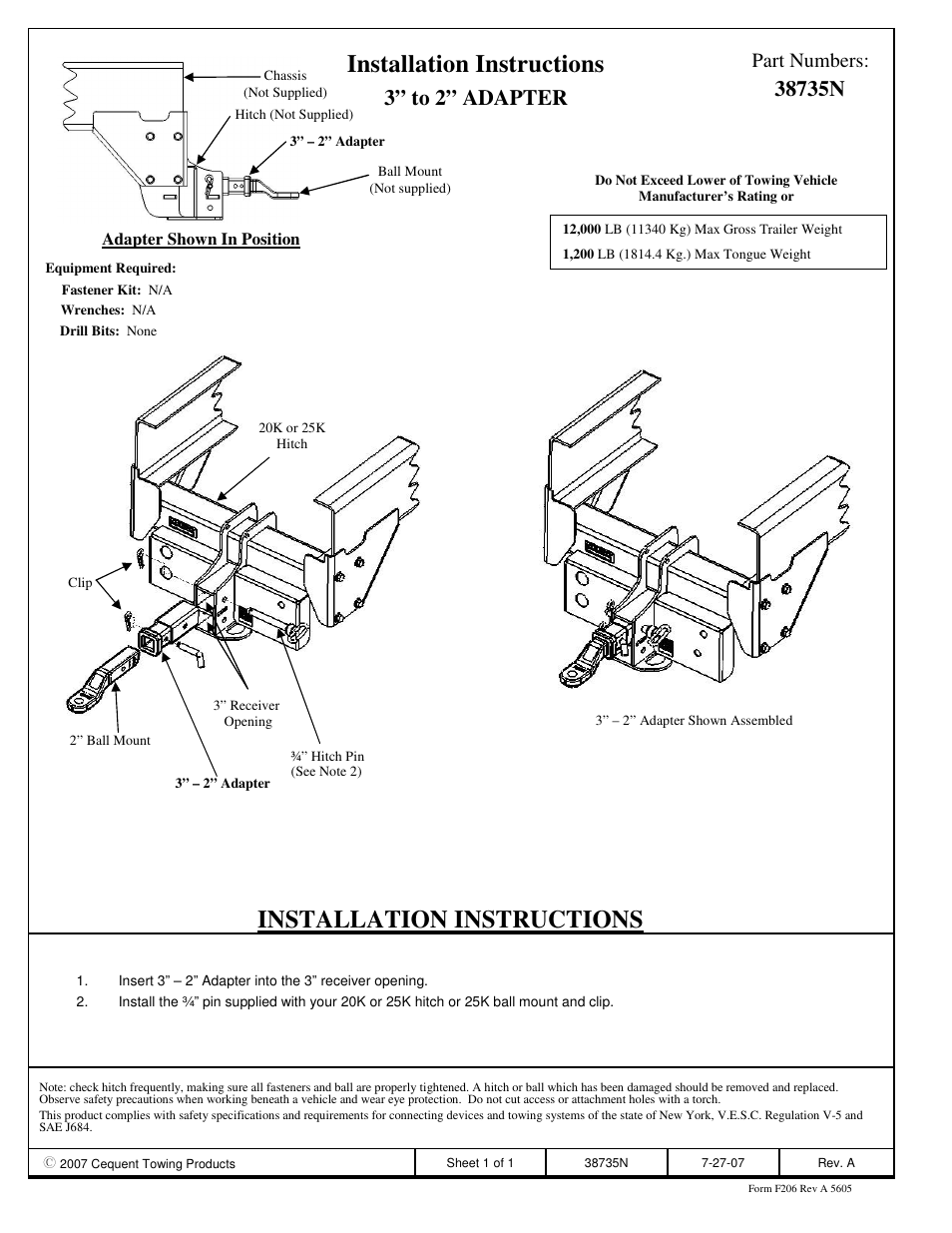 Reese 38735 SUPER TITAN ACCESSORY User Manual | 1 page