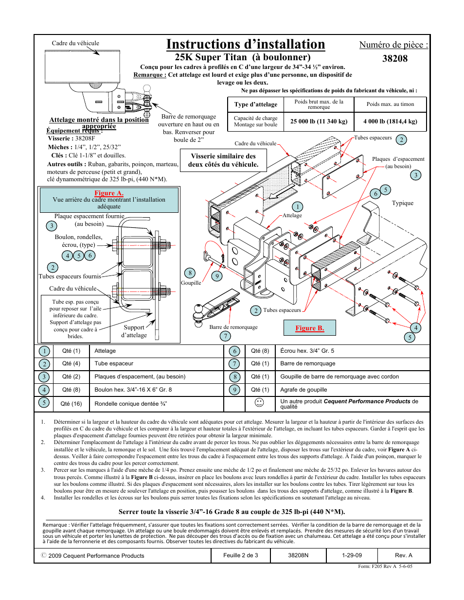 Instructions d’installation, 25k super titan (à boulonner), Numéro de pièce | Reese 38208 CLASS V SUPER TITAN User Manual | Page 2 / 3