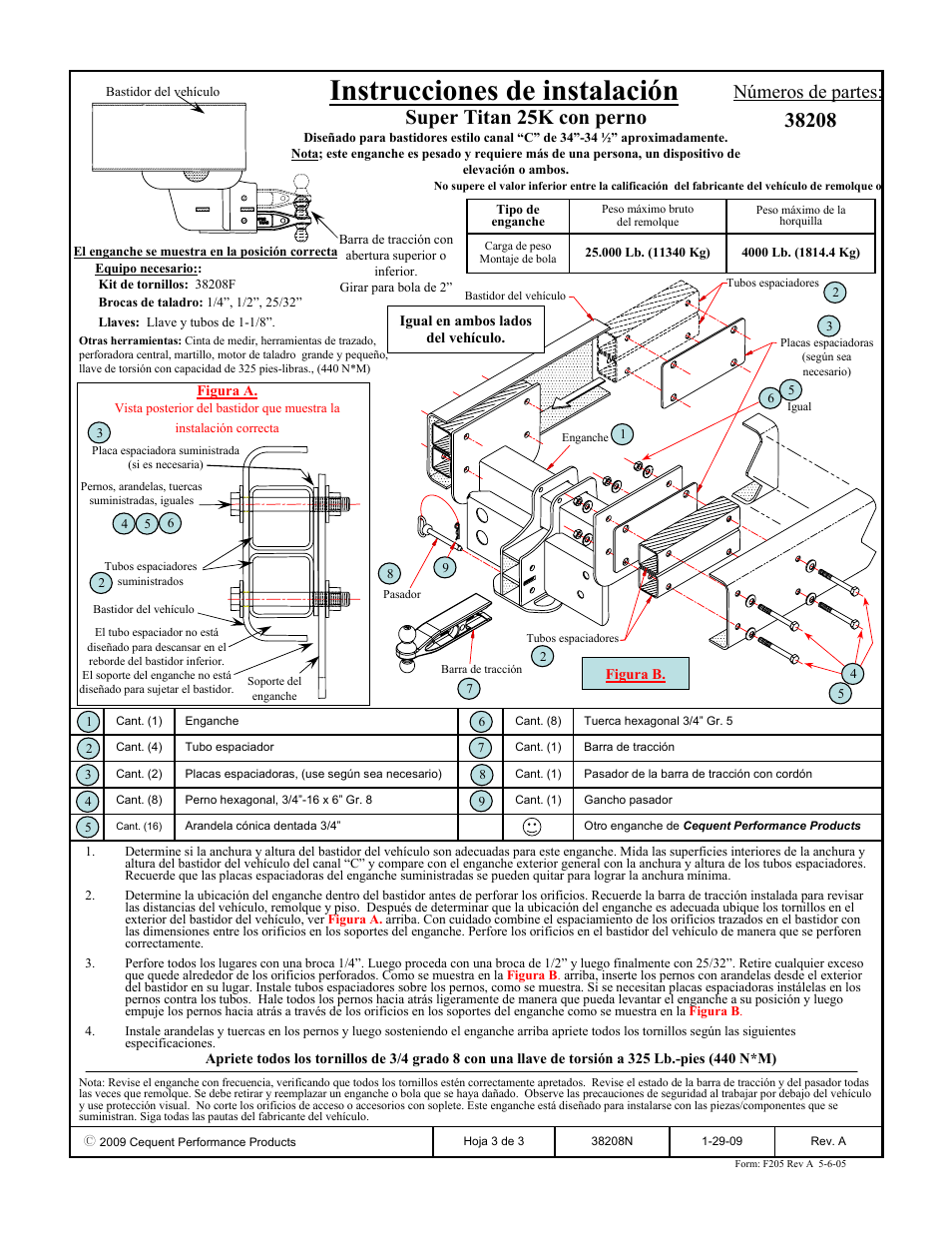 Instrucciones de instalación, Super titan 25k con perno, Números de partes | Reese 38208 CLASS V SUPER TITAN User Manual | Page 3 / 3