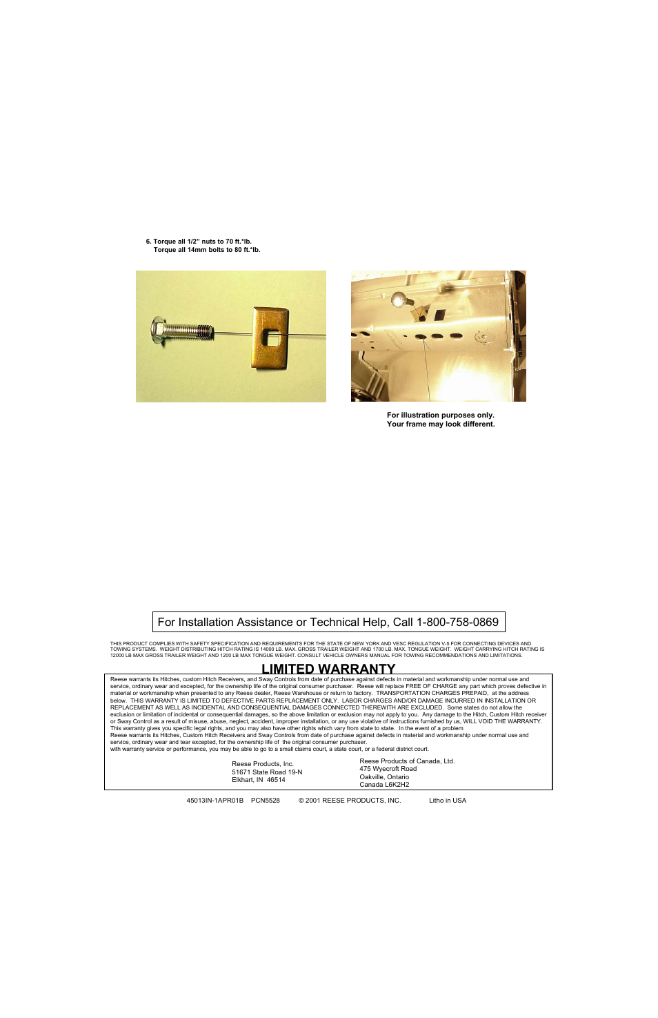 Limited warranty | Reese 45013 TITAN RECEIVER User Manual | Page 2 / 2