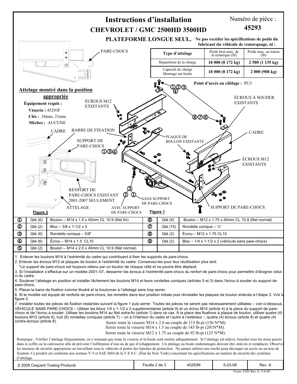 Instructions d’installation, Numéro de pièce, Plateforme longue seul | Reese 45293 TITAN RECEIVER User Manual | Page 2 / 3