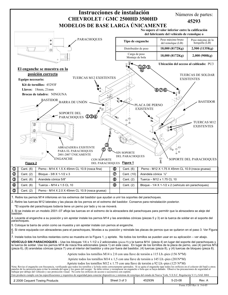 Instrucciones de instalación, Números de partes | Reese 45293 TITAN RECEIVER User Manual | Page 3 / 3