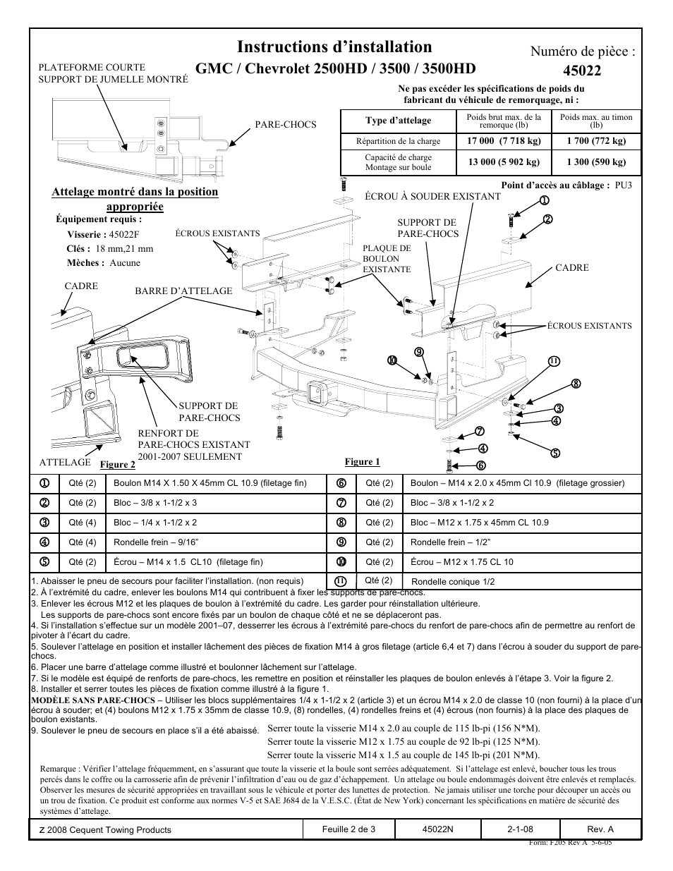 Instructions d’installation, Numéro de pièce | Reese 45022 TITAN RECEIVER User Manual | Page 2 / 3