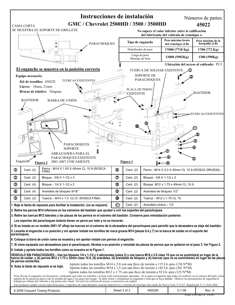 Instrucciones de instalación, Números de partes | Reese 45022 TITAN RECEIVER User Manual | Page 3 / 3
